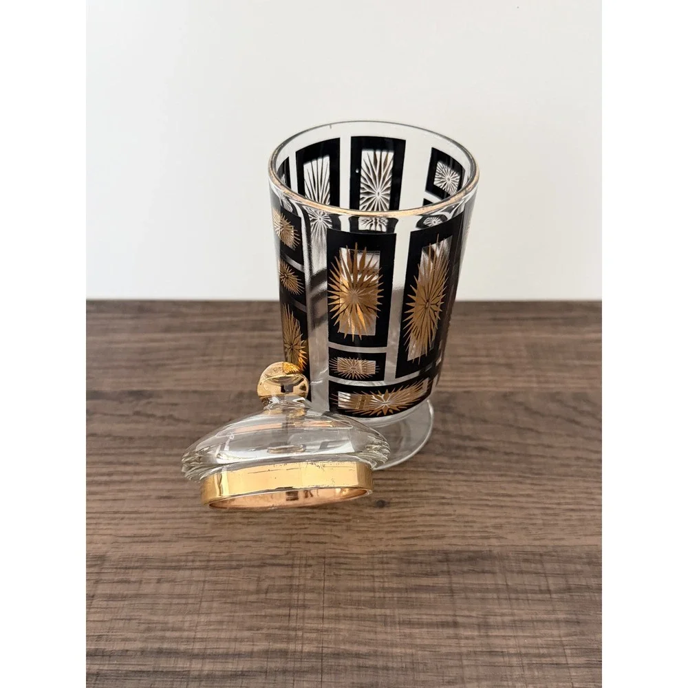 Vintage MCM Jeannette Glass Atomic Starburst Lidded Apothecary Jar Black Gold
